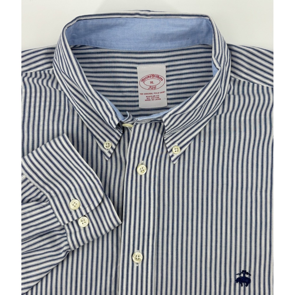 Brooks Brothers 346 Button Down Shirt Men XL Regular Fit White Blue Striped